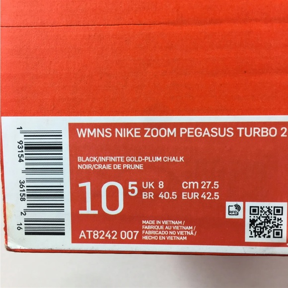 Nike Air Zoom Pegasus Turbo 2 Black Chalk Gold Women’s Size 10.5 AT8242 007 New - Picture 9 of 9